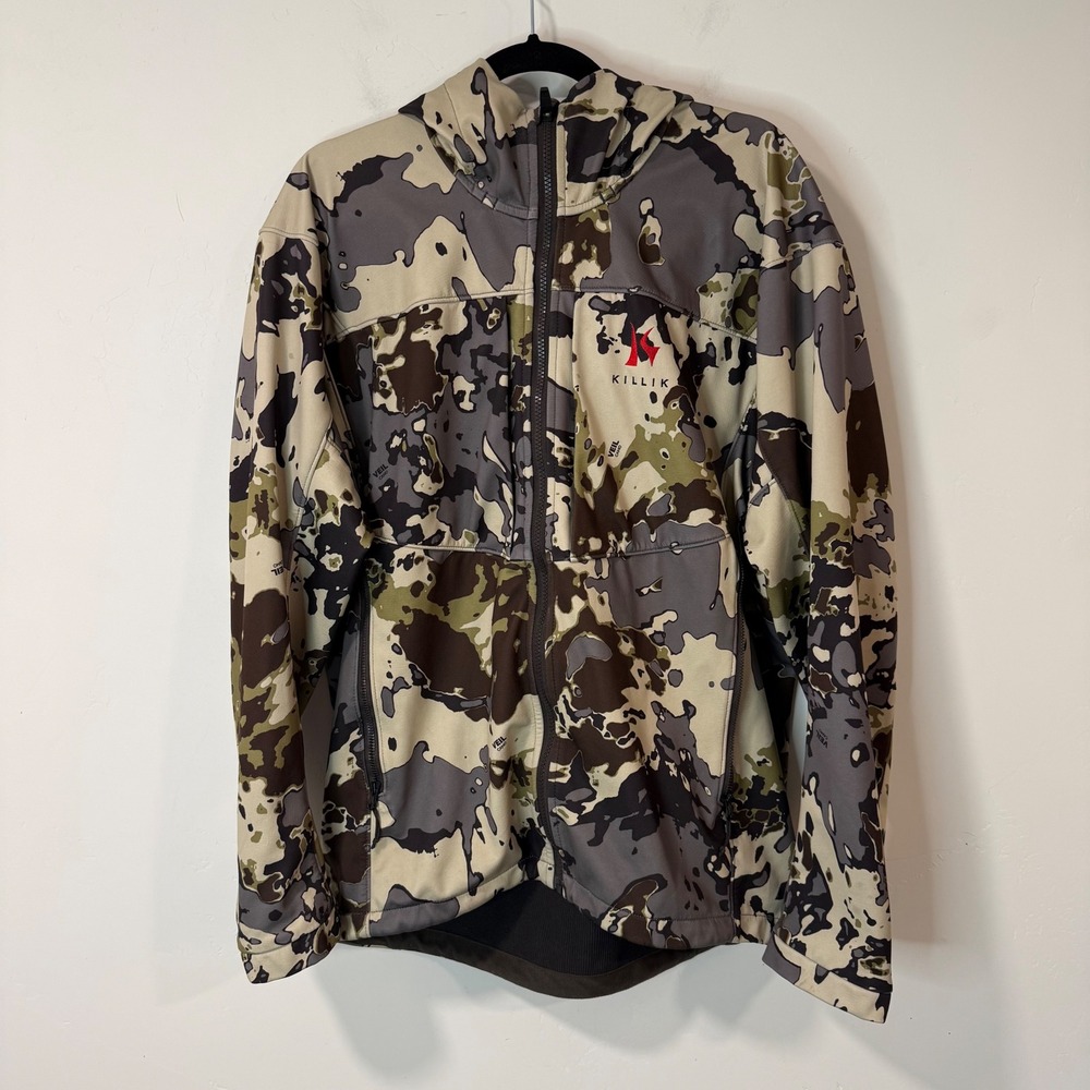 Killik Mens Softshell Jacket Large Veil Camo Hunting Hooded Pit Zips
